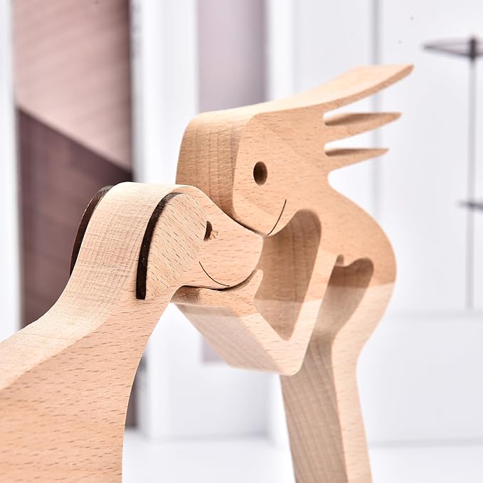 ISHINE Wood Decor Wooden Statue Man and Dog Figurine Handmade Carved Creative Home Office Gift for Men Women Accents Decoration Natural ECO Friendly 7x3 inches (B-Woman Kisses Dog)