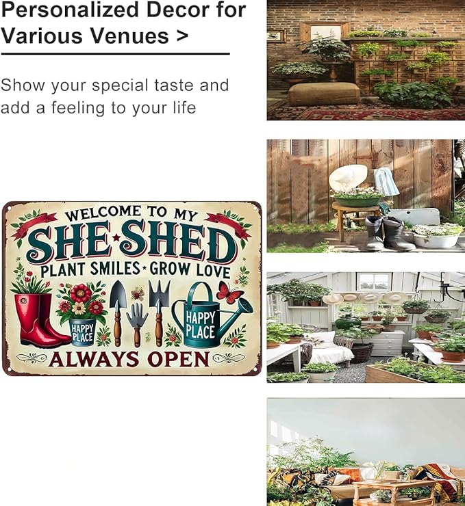 Bestylez Garden Gifts Welcome To My She Shed Vintage Gardening Signs for Home Garden Greenhouse Living Room Bedroom Yard Outdoor Decor 8X12 Inch (3372)