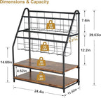 VECELO Magazine Holder Floor,2-Tier Metal Magazine Racks, Newspaper Display Stand with Board Shelves for Books and Brochure in Home Office,Shopping Malls,Indoor&Outdoor Place, Retro Brown