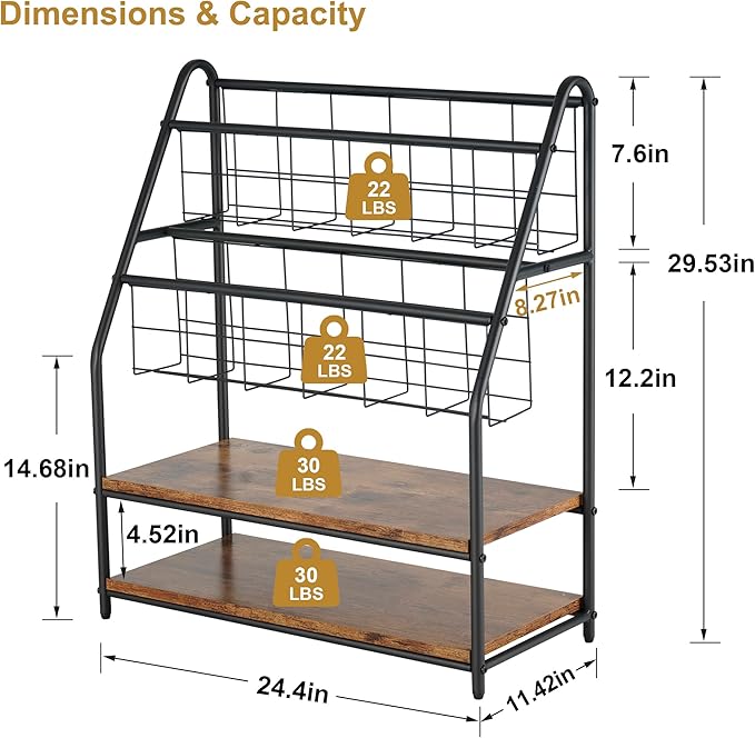 VECELO Magazine Holder Floor,2-Tier Metal Magazine Racks, Newspaper Display Stand with Board Shelves for Books and Brochure in Home Office,Shopping Malls,Indoor&Outdoor Place, Retro Brown