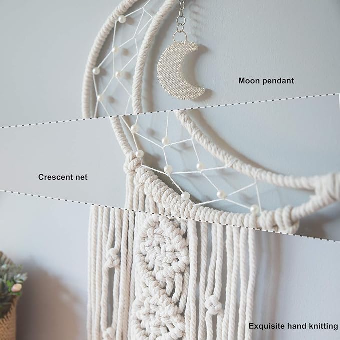 MOONFLY Dream Catcher with Handmade Moon Star Design Woven Cotton Macrame Wall Hanging Boho Home Decoration Ornament Craft Gift for Bedroom Living Room Wedding Party (White Moon)