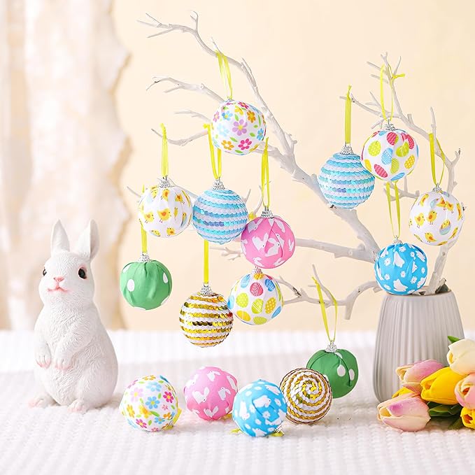Zeyune 16 Pcs Easter Tree Ornaments for Small Tree Easter Egg Bunny Decorations Hanging Sequin Balls Ornaments for Home Seasonal Holiday Party