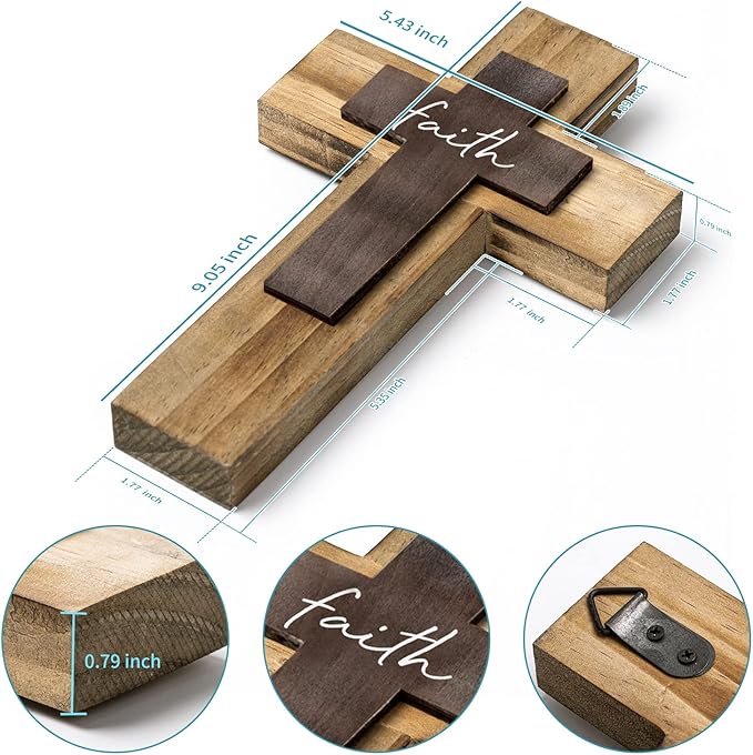 OKSQW Wall Wooden Cross Christians Crosses Spiritual Religious Cross With Hook Christmas Wall Hanging Handmade Nature Wood Color with Faith Design for Church Home Room Decor Wood Crucifix Gift