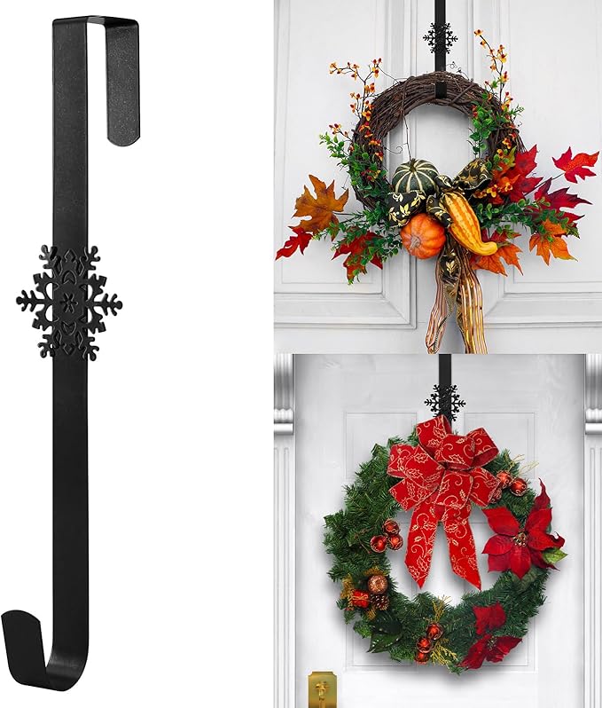 Wreath Hangers for Front Door,15" Sturdy Metal Wreath Doors Hangers,Over The Door Hooks for Front Porch Decor,Garland Hooks Holders for Halloween Christmas Decorations (Black Snowflakes, 4 Pack)