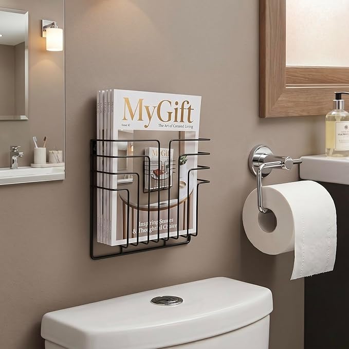 MyGift Modern Design Black Metal Wire Wall Mounted Magazine and File Folder Holder Organizer Rack