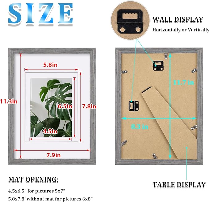 Egofine A4 Picture Frames Set of 4, Made of Solid Wood Covered by Plexiglass 5x7 and 6x8 with Mat or A4 without Mat, for Table Top Display and Wall Mounting Photo Frame Light Grey