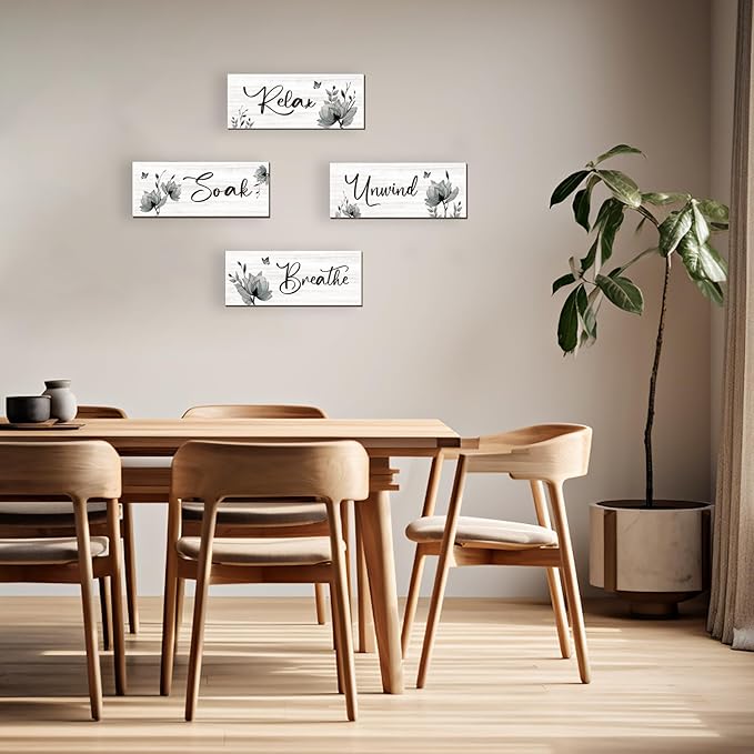 ONIZHITY Set of 4 Black Bathroom Decor With Black Flower Wall Art Inspire Relax Soak Unwind Rustic Farmhouse Wooden Wall Art Ideal for Women's Bedroom, Office, Living Room, Kitchen (10x4)