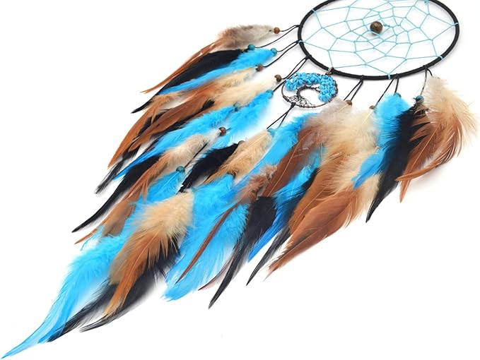 Urdeoms Blue Tree of Life Dream Catchers for Bedroom Adult Boho Big Dream Catcher for Boys Girls with Crystal Turquoise Hanging Ornament and Feathers Blessing Gifts(NO.33)