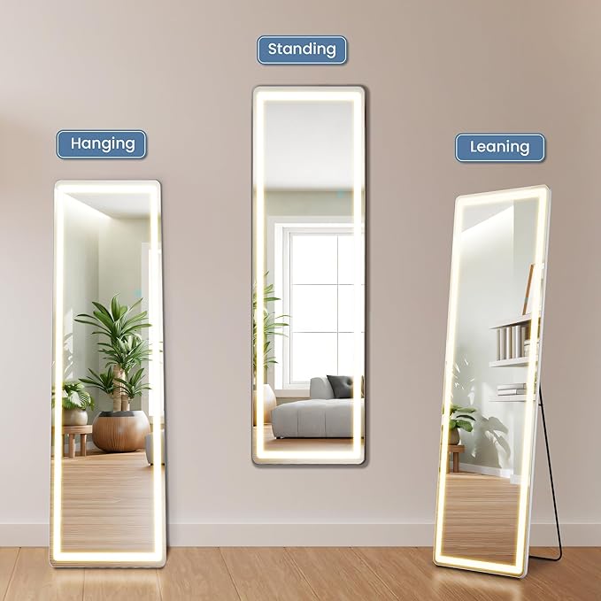 DUMOS LED Mirror Full Length with Stand, 16"x60" Full Body Wall Mirror with LED Lights 3 Color Lighting, Hanging or Leaning, Floor Standing, Modern Simple Home Wall Decor