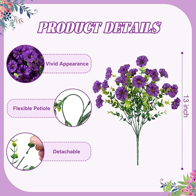 Artificial Flowers for Outdoor Decoration, 12 Bundles Fake Plastic Flower Plant, Faux Colorful Silk Morning Glory Eucalyptus for Outside Spring Summer Garden Porch Front Door Decor, Dark Purple