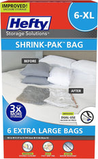 Hefty Shrink-Pak – 6 Extra Large Vacuum Seal Storage Bags – Space Saver Bags for Clothing, Pillows, Towels, or Blankets, 6 x XL Bags