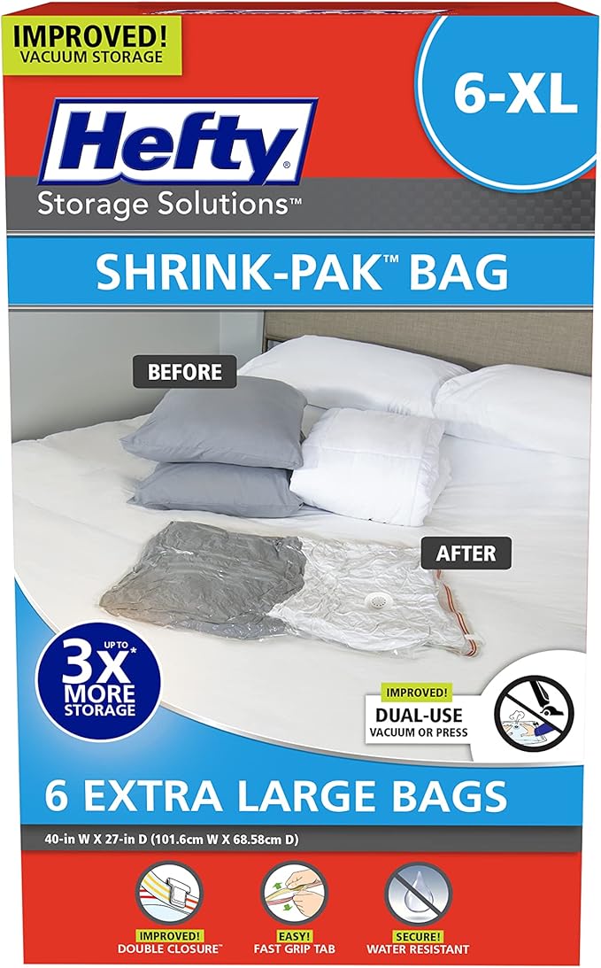 Hefty Shrink-Pak – 6 Extra Large Vacuum Seal Storage Bags – Space Saver Bags for Clothing, Pillows, Towels, or Blankets, 6 x XL Bags