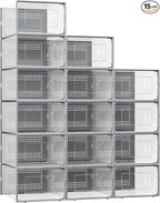 X-Large Shoe Storage Box, 15 Pack Clear Plastic Stackable Shoe Organizer for Closet, Interlocking Design Shoe Container Bins for Sneakers, Foldable Shoe Rack with Lids, Gray