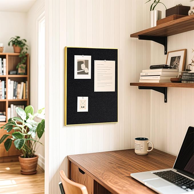 Linen Bulletin Board 30" x 20", Black Fabric Pin Board with Gold Aluminum Frame, Decorative Vision Board for Home Office, Bedroom & Dorm Wall Decor, Includes 10 Push Pins
