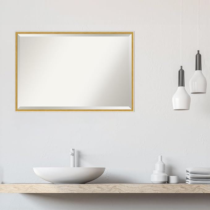 Amanti Art White Wall Mirror 25x37 Paige White Gold Rectangle Bathroom Mirror for Wall Decor Living Room, Large Modern Wood Frame, Hangs Horizonally and Vertically, Bathroom Decor, Beveled Edge