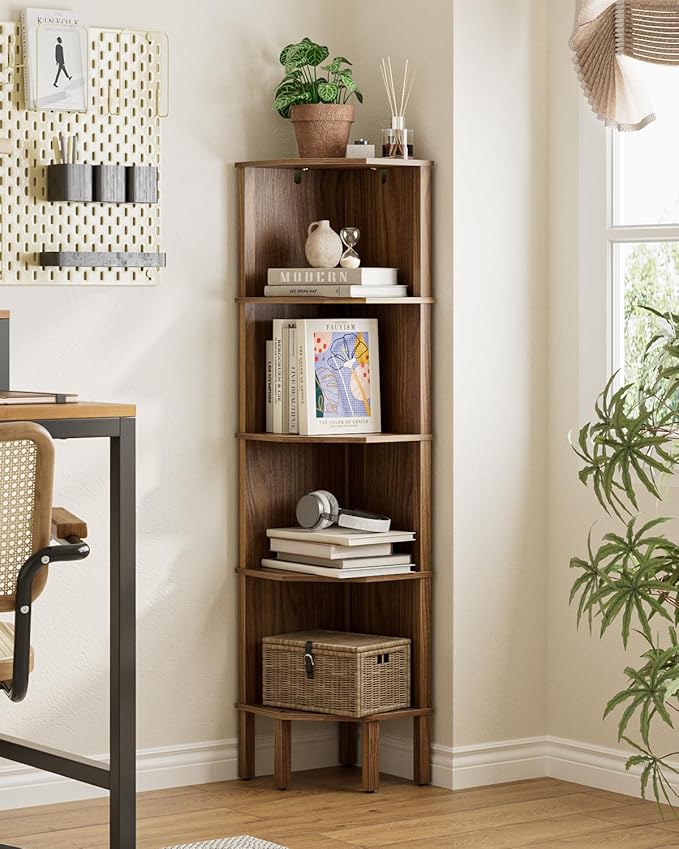 Corner Shelf, 5 Tier Corner Bookshelf, Display Corner Shelf Stand with Storage Rack, Wall Corner Bookshelf for Living Room, Bedroom, Office, Walnut