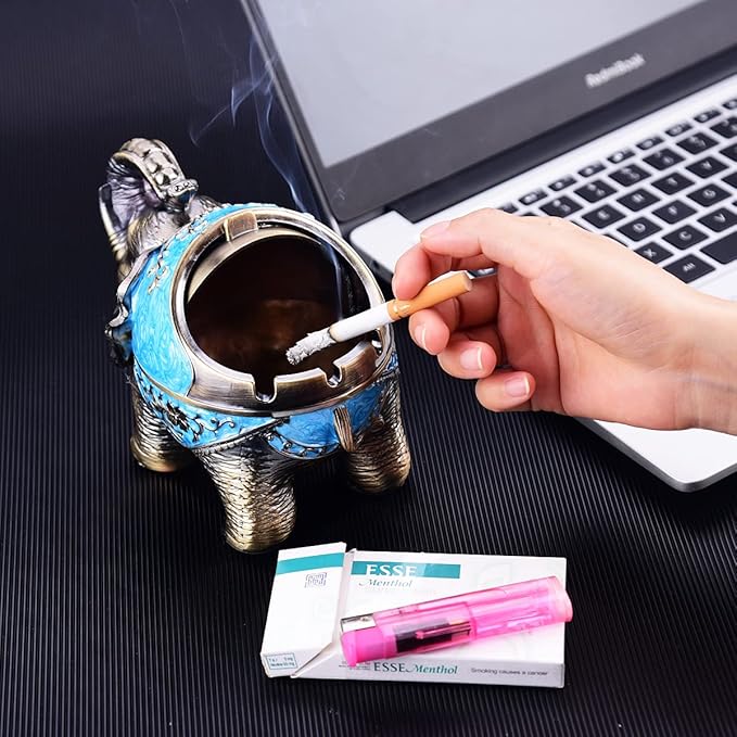 Stand Elephant Decorative Windproof Ashtray with Lid for Cigarettes Metal Portable Cigar Ashtray Odor Eliminator Indoor outdoor Hand Carved Fancy Gift ornament for Men Women (Light Blue)