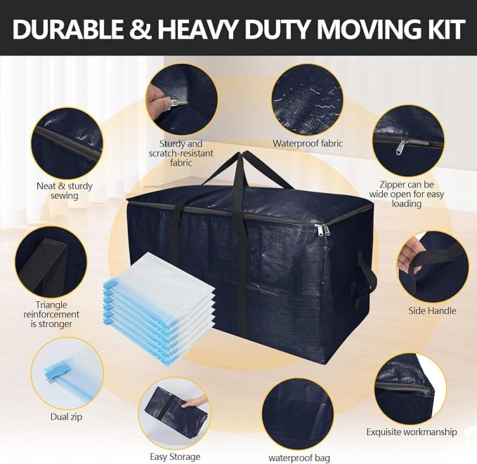 Extra Large Storage Bags Set Heavy Duty Moving Totes with Handles, Dorm Room Essentials-Way Carrying Design Dorm Room Essentials For Clothes Storage (Dark Blue, 14 Park- 4 & 10 Vacuum Bags)