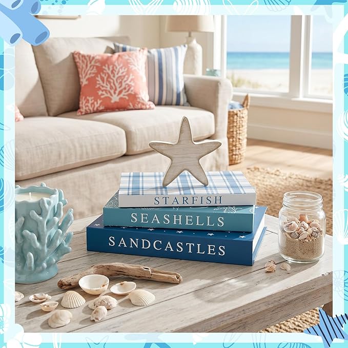 Thyle Summer Fake Decorative Books Set Wooden Starfish Table Signs Beach House Decor Faux Ocean Decoration Books for Farmhouse Coastal Summer Living Room Bedroom Office Bookshelf Decor