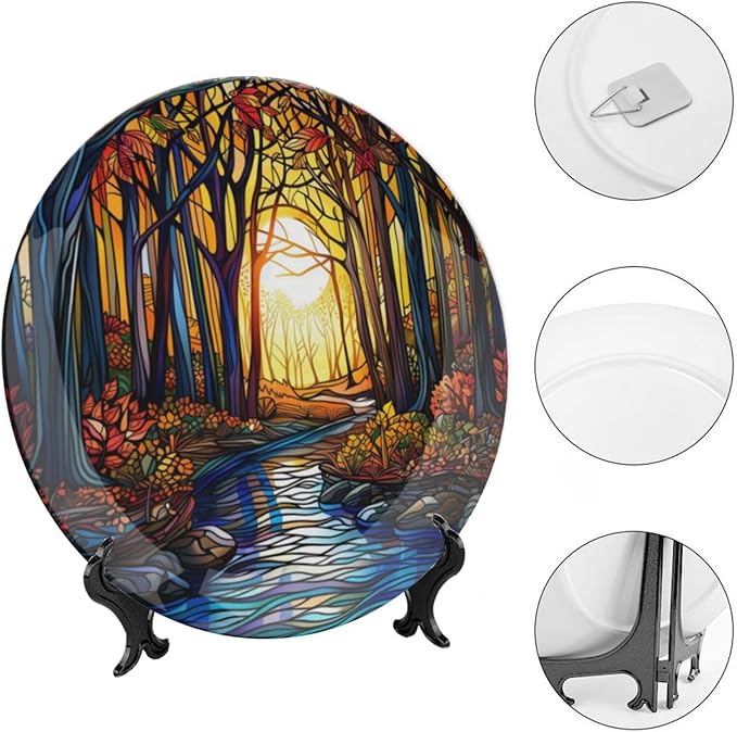 Stained Glass Theme Decorative Ceramic Plate Round Porcelain Plate,6 inch,Sunset Forest Stream Pattern,for Decorative Ornaments Giving Plates, 1 Plate with 1 Display Stand,Orange Blue
