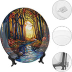 Stained Glass Theme Decorative Ceramic Plate Round Porcelain Plate,7 inch,Sunset Forest Stream Pattern,for Decorative Ornaments Giving Plates, 1 Plate with 1 Display Stand,Orange Blue