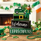 Lineshading 4 Pcs St Patricks Day Table Decor Leprechaun Wooden Stacked Blocks with Lucky Green Truck St. Patrick's Day Tiered Tray Decor Welcome Leprechauns Irish Centerpieces for Home Kitchen