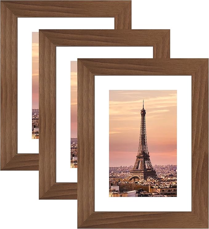 5x7 Picture Frame 3 Pack - Brown Poster Frame Display Pictures 4x6 with Mat or 5 x 7 Without Mat for Wall Hanging Horizontal and Vertical