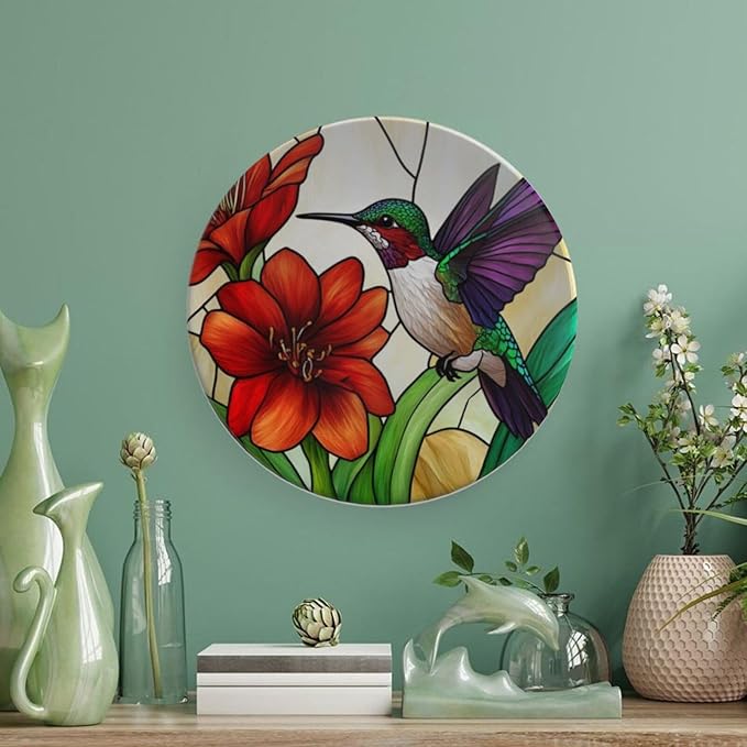Hummingbird Theme Decorative Ceramic Plate Round Porcelain Plate,6 inch,Floral Rainbow Glass Pattern,for Decorative Ornaments Giving Plates,1 Plate with 1 Display Stand,Red Purple