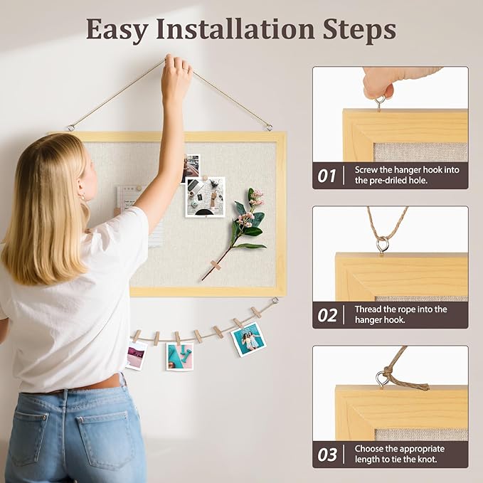 DOLLAR BOSS Bulletin Board with Linen 36'' x 24'' Wood Framed Cork Boards for Walls, Photo Display Pin Board, Decorative Corkboard for Office Home School Dorm Decor with 10 Pushpins, Natural Wood
