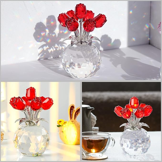 Ornalrist Crystal Red Rose Figurines Gifts for Women, Glass Bouquet Ornament for Mother's Day Birthday Christmas Ruby Collectible Flowers Anniversary Floral Presents for Her (Red)