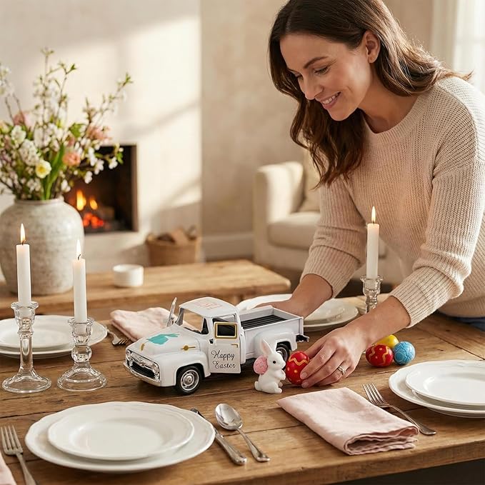 Easter Decorations - Mini Farmhouse Vintage Metal Truck with Easter Eggs & Bunny, White Spring Farm-Style Pickup Decor for Table Tiered Tray Home Kitchen Office Keepsake Gifts