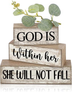 Lineshading 4 Pcs Christian Table Decor Inspirational Religious Gifts for Women God Is Within Her Bible Verse Wooden Block Signs Gift Farmhouse Christian Centerpiece for Mother's Day Home & Office