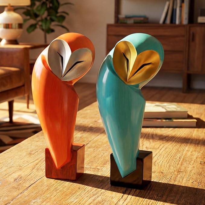 Thyle 2 Pcs Mid Century Modern Owl Statue for Home Decor Accents Resin Owl Sculpture Handmade Vintage Modern Birds Statue for Bookshelves Desk Living Room Display Collectible Gift (Retro,11.8 Inch)