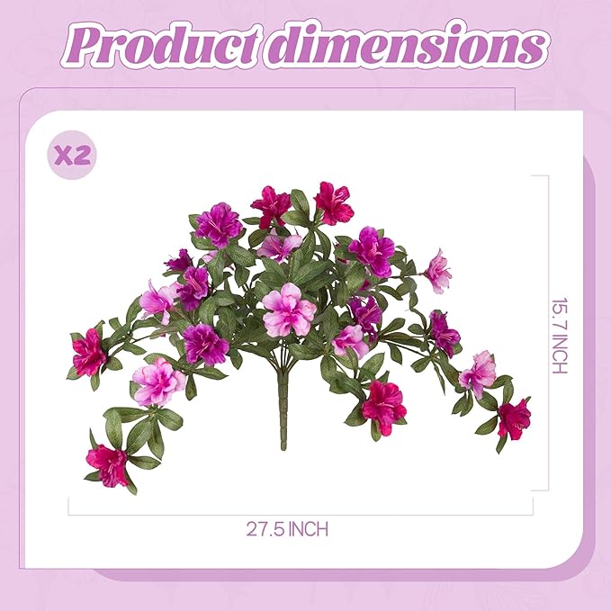 Artificial Fake Azalea Flowers for Outdoor Spring Decoration, Faux Silk Flower for Summer UV Resistant Look Real Plants for Garden Yard Porch Walkway Indoor Decor, 2PCS
