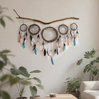 5 Pack Boho Dream Catcher Native American Wall Art Set, Handmade Natural Rattan Feathers Large Dreamcatcher Rustic Hanging Ornament Indian Wall Decor for Bedroom Adult