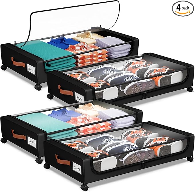 Under Bed Storage with Wheels, UnderBed Storage Containers with Clear Lid and Handles, XXL 60L Under the Bed Storage Bins Drawers for Clothes,Blankets,Shoes,Books (BLACK, 4 PACK)