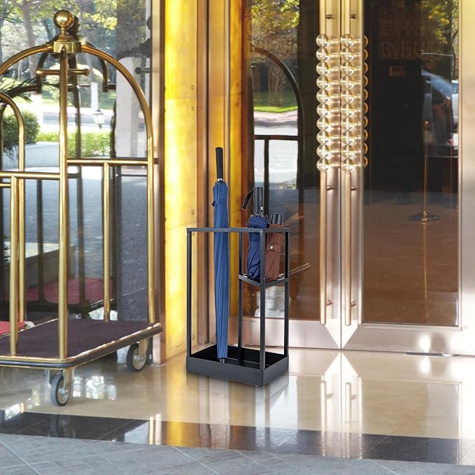 MyGift 20 Inch Tall Modern Brass Tone Metal Geometric Freestanding Entryway Umbrella Rack or Cane Holder with Shelf for Small Umbrellas and Bottom Drip Tray (Black-Large)