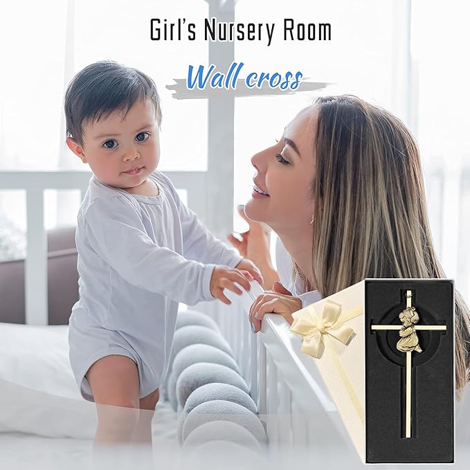 Tryuunion Baby Wall Cross Baptism Gifts for Boys and Girl, 7-inch Blessing Boy Baptism Crosses for First Holy Communion Christening and Dedication Baptismal Gifts (Gold Girl-7 in)