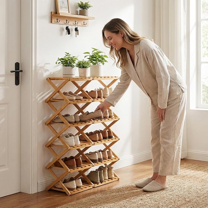The 9-Tier No-Assembly Bamboo Rack, 3-9 Tiers Bamboo Shoe Rack, Foldable Bamboo Vertical Shoe Organizer, Multifunctional & Space-Saving, For Entryway, Closet, Corner, Bedroom, Hallway (Wood, 8Tiers)
