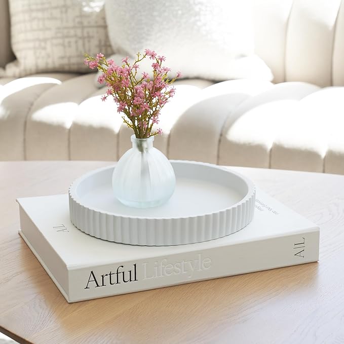 Decorative Concrete Tray & Book Decor Set - Scalloped Tray & Linen Box Enhance Your Coffee Table or Bookshelf Decor - Stylish Home Decoration for Your Living or Dining Room & as a Housewarming Gift