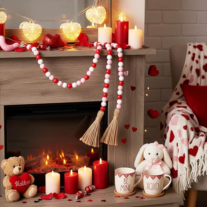 Equsion Seasonal Wooden Bead Garland with Tassels, 3.3 ft Holiday Vintage Boho Bead Garland Easter Tray Decoration, Vase Wall Room Art Birthday Party Decoration(Valentine's Day Colors)