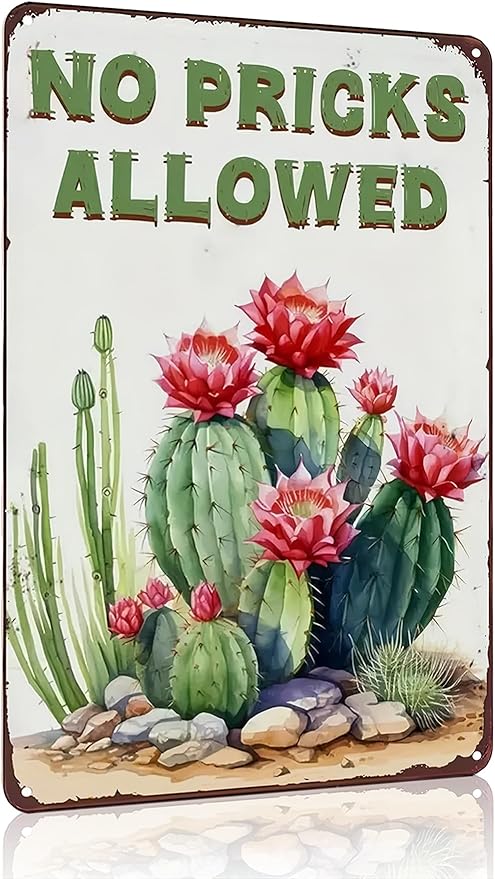 Bestylez Garden Gifts Vintage Cactus No Pricks Allowed Gardening Signs for Home Garden Greenhouse Living Room Bedroom Yard Outdoor Decor 8X12 Inch (3365)