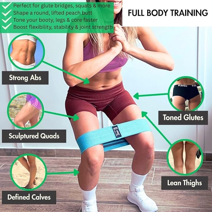 ANIQ® Fabric Resistance Bands for Legs & Butt – Non-Slip Booty Bands Set – 3 Levels for Squats & Glutes – Cloth Loop Workout Exercise Equipment with Carry Bag, Headband & Guides For Pilates, Yoga, Gym