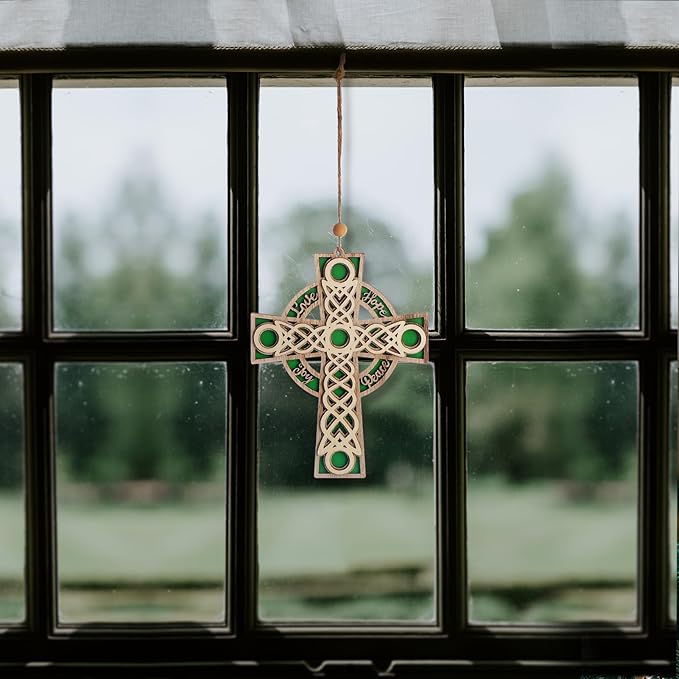 KOMI 7.2 Inch Celtic Wood Cross Irish Ornaments Christian Religious Christmas Wall Cross Hanging Ornaments Hope Peace Love Joy Carving Layered Cross Wooden Ornament