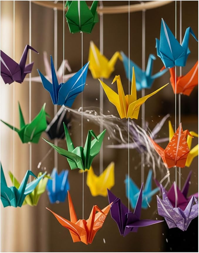 A Colorful Origami Crane Mobile Spinning in Soft Wind - Made in USA