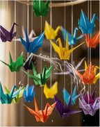A Colorful Origami Crane Mobile Spinning in Soft Wind - Made in USA