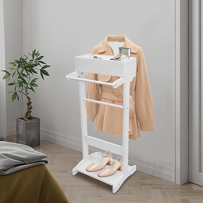Suit Valet Stands for Women and Men Clothes Wood Valet Stand with Base Freestanding Clothing Organizer Valet Stand Contour Hanger Trouser Bar Belt Hooks for Office Living Room (White)