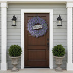 26" Artificial Lavender & Eucalyptus Wreath with Welcome Sign for Front Door, Porch, Window - Large Greenery Outdoor Wreath for Home, Farmhouse Decor - Spring, Summer, All Seasons (Purple)