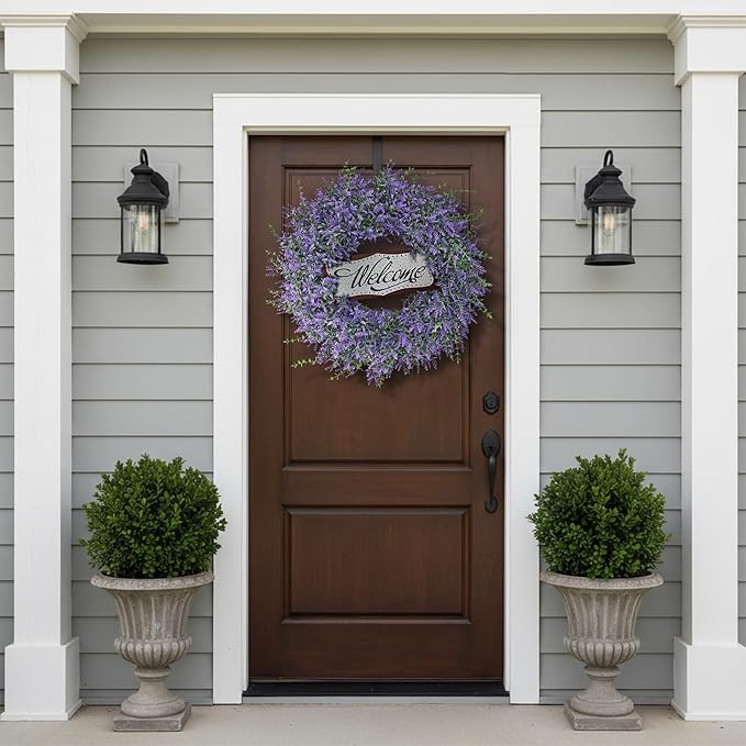 26" Artificial Lavender & Eucalyptus Wreath with Welcome Sign for Front Door, Porch, Window - Large Greenery Outdoor Wreath for Home, Farmhouse Decor - Spring, Summer, All Seasons (Purple)