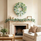 24" Summer Wreath for Front Door, Lamb Ear Grapevine Wreath, Artificial White Baby's Breath Berries Green Bow Decoration for Summer Farmhouse Indoor Staircase Outdoor Porch Decor